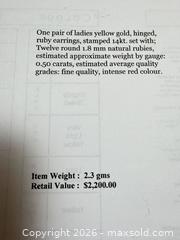 MaxSold Auction: 14k Gold + Ruby Hoop Earrings + Appraisal.   - Toronto (Ontario, Canada) PARTNER MANAGED Estate Sale Online Auction - Glen Road