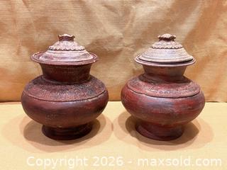 MaxSold Auction: Pair Large Lidded Terra Cotta Jars - Douglas (Massachusetts, USA) PARTNER MANAGED Estate Sale Online Auction - South West Main Street