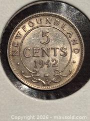 MaxSold Auction: Canada Newfoundland 1942 c 5 Cents Five Cent Small Silver Coin - Nice! - Aurora (Ontario, Canada) SELLER MANAGED Estate Sale Online Auction - Closs Square
