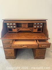 MaxSold Auction: Oak Roll-Top Partner/Pedestal Desk, Medium Brown Finish - Raleigh (North Carolina, USA) PARTNER MANAGED Downsizing Online Auction - Fern Stone Court
