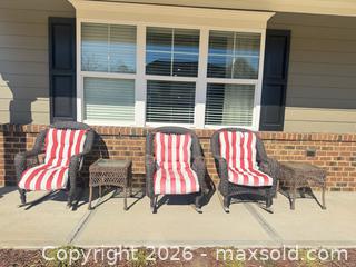 MaxSold Auction: Wicker Rocking Chairs & Outdoor Side Tables with Striped Cushions - Raleigh (North Carolina, USA) SELLER MANAGED Downsizing Online Auction - Fern Stone Court