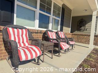 MaxSold Auction: Wicker Rocking Chairs & Outdoor Side Tables with Striped Cushions - Raleigh (North Carolina, USA) SELLER MANAGED Downsizing Online Auction - Fern Stone Court
