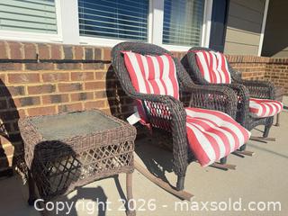 MaxSold Auction: Wicker Rocking Chairs & Outdoor Side Tables with Striped Cushions - Raleigh (North Carolina, USA) SELLER MANAGED Downsizing Online Auction - Fern Stone Court