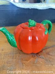 MaxSold Auction: Vintage 1950s occupied Japan orange pumpkin teapot.  - Lanark Highlands (Ontario, Canada) SELLER MANAGED Downsizing Online Auction - Markle Road                  