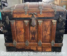 MaxSold Auction: Antique Domed Wooden Trunk/Chest with Ornate Hardware (32"W x 18"D x 28"H)   - London (Ontario, Canada) SELLER MANAGED Downsizing Online Auction - Brock Street
