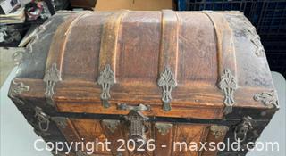 MaxSold Auction: Antique Domed Wooden Trunk/Chest with Ornate Hardware (32"W x 18"D x 28"H)   - London (Ontario, Canada) SELLER MANAGED Downsizing Online Auction - Brock Street