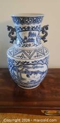 MaxSold Auction: A Large Chinese Blue and White Porcelain Vase with Narrative Scenes and Dragon Handles.  - Toronto (Ontario, Canada) SELLER MANAGED Estate Sale Online Auction - Bridgeland Avenue (STORAGE)