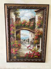 MaxSold Auction: Large Framed Hand-Painted Oil on Canvas — Mediterranean Village Scene, In the Style of Pai - Toronto (Ontario, Canada) SELLER MANAGED Estate Sale Online Auction - Bridgeland Avenue (STORAGE)