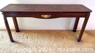 MaxSold Auction: Vintage Inlaid Wood Console Table with Brass Hardware - Toronto (Ontario, Canada) SELLER MANAGED Estate Sale Online Auction - Bridgeland Avenue (STORAGE)