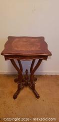 MaxSold Auction: Wood Pedestal Side Table with Decorative Veneered Top - Toronto (Ontario, Canada) SELLER MANAGED Estate Sale Online Auction - Bridgeland Avenue (STORAGE)