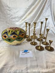 MaxSold Auction: Carved Painted Ceramic/Gourd Luminary with 9 Brass Candlesticks - Cambridge (Massachusetts, USA) PARTNER MANAGED Estate Sale Online Auction - Creighton Street                  