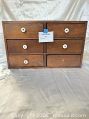 MaxSold Auction: Wood Apothecary Cabinet with 6 Drawers and White Ceramic Knobs - Cambridge (Massachusetts, USA) PARTNER MANAGED Estate Sale Online Auction - Creighton Street                  