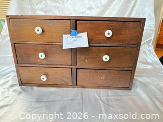 MaxSold Auction: Wood Apothecary Cabinet with 6 Drawers and White Ceramic Knobs - Cambridge (Massachusetts, USA) PARTNER MANAGED Estate Sale Online Auction - Creighton Street                  