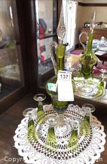 MaxSold Auction: Handblown Green Glass Decanter with 6 Shot/Cordial Glasses B - Toronto (Ontario, Canada) Downsizing Online Auction - Cross Street