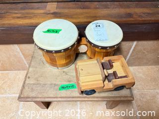 MaxSold Auction: Small Stool, Bongo Hand Drum & Wooden Toy Truck (Lot) B - Toronto (Ontario, Canada) Downsizing Online Auction - Cross Street