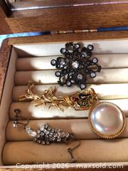 MaxSold Auction: Wood Jewelry Box with Assorted Earrings, Brooches & Necklaces B - Toronto (Ontario, Canada) Downsizing Online Auction - Cross Street