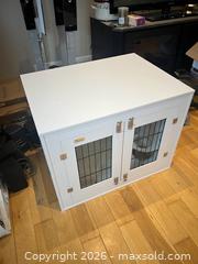 MaxSold Auction: White pet crate modern with dog bowls 2 way dog door  - Ajax (Ontario, Canada) SELLER MANAGED Downsizing Online Auction - Poplar Avenue