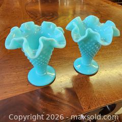 MaxSold Auction: Pair Hobnail Ruffled Vases Aqua Robin's Egg Blue - Leeds And The Thousand Islands (Ontario, Canada) SELLER MANAGED Downsizing Online Auction - Prince Street