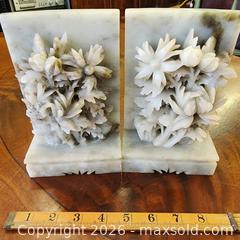 MaxSold Auction: Pair of Carved Floral White/Grey Mottled Stone Bookends - Leeds And The Thousand Islands (Ontario, Canada) SELLER MANAGED Downsizing Online Auction - Prince Street