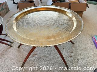 MaxSold Auction: 30" Brass Tray Side Table with Ornate Stamped Top - Victoria (British Columbia, Canada) PARTNER MANAGED Moving Online Auction - Slater Street (CONDO)