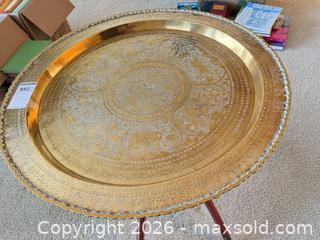 MaxSold Auction: 30" Brass Tray Side Table with Ornate Stamped Top - Victoria (British Columbia, Canada) PARTNER MANAGED Moving Online Auction - Slater Street (CONDO)