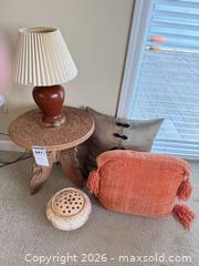 MaxSold Auction: Carved Hardwood Round Side Table with Lamp, Pillows & Ceramic Pot - Victoria (British Columbia, Canada) PARTNER MANAGED Moving Online Auction - Slater Street (CONDO)