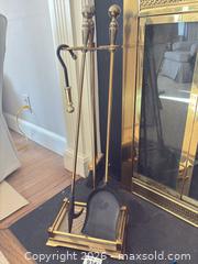 MaxSold Auction: Brass Fireplace Tools Set with Stand, Log Bucket & Decorative Piece - Wellesley (Massachusetts, USA) PARTNER MANAGED Downsizing Online Auction - Mayo Road