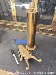 MaxSold Auction: Brass Fireplace Tools Set with Stand, Log Bucket & Decorative Piece - Wellesley (Massachusetts, USA) PARTNER MANAGED Downsizing Online Auction - Mayo Road