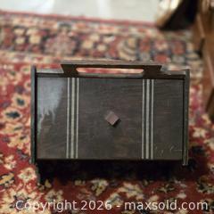 MaxSold Auction: Dark Brown Wooden Box with Handle, Inlaid Stripe & Lock - Wellesley (Massachusetts, USA) PARTNER MANAGED Downsizing Online Auction - Mayo Road