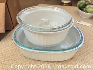 MaxSold Auction: Mixed Baking Dishes: Pyrex Clear, CorningWare Cornflower & Vegetable - Wellesley (Massachusetts, USA) PARTNER MANAGED Downsizing Online Auction - Mayo Road