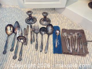 MaxSold Auction: Mixed Silverplate Flatware, Serving Utensils & Candlesticks, 20+ pcs - Wellesley (Massachusetts, USA) PARTNER MANAGED Downsizing Online Auction - Mayo Road