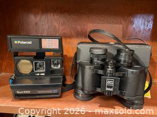 MaxSold Auction: Polaroid Sun 660 Instant Camera & Bushnell InstaFocus Binoculars - Wellesley (Massachusetts, USA) PARTNER MANAGED Downsizing Online Auction - Mayo Road