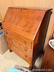 MaxSold Auction: Secretary Desk Drop Front — Veneer Over Wood, 27 x 15 x 39 in - Wellesley (Massachusetts, USA) PARTNER MANAGED Downsizing Online Auction - Mayo Road