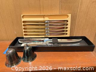 MaxSold Auction: Steak Cutting Utensil Set; Carving Cutting Utensil  & Fork; Decorative Bells  - Wellesley (Massachusetts, USA) PARTNER MANAGED Downsizing Online Auction - Mayo Road