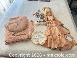 MaxSold Auction: Vintage Peach Floral Embroidered Bed linens with Doll, Plate, Bunny - Wellesley (Massachusetts, USA) PARTNER MANAGED Downsizing Online Auction - Mayo Road