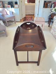 MaxSold Auction: Vintage Solid Wood Butler's Tray Table with Folding Stand - Wellesley (Massachusetts, USA) PARTNER MANAGED Downsizing Online Auction - Mayo Road