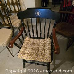 MaxSold Auction: Windsor-Style Wooden Captain's Armchair with UMass Crest - Wellesley (Massachusetts, USA) PARTNER MANAGED Downsizing Online Auction - Mayo Road