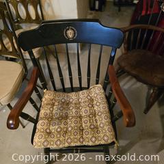 MaxSold Auction: Windsor-Style Wooden Captain's Armchair with UMass Crest - Wellesley (Massachusetts, USA) PARTNER MANAGED Downsizing Online Auction - Mayo Road