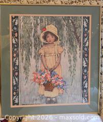 MaxSold Auction: ART - Sweet Girl with flowers.  Print with 3D crochet/embroidery - Burnaby (British Columbia, Canada) SELLER MANAGED Downsizing Online Auction - Claude Avenue