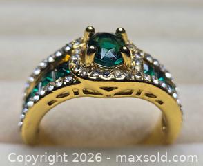 MaxSold Auction: Costume jewelry.  Gold tone ring with green stones and faux diamonds. - Burnaby (British Columbia, Canada) SELLER MANAGED Downsizing Online Auction - Claude Avenue