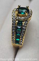 MaxSold Auction: Costume jewelry.  Gold tone ring with green stones and faux diamonds. - Burnaby (British Columbia, Canada) SELLER MANAGED Downsizing Online Auction - Claude Avenue