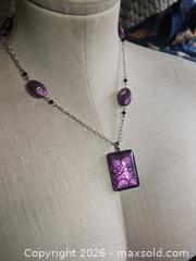 MaxSold Auction: Jewelry.  Silver tone chain with Large glass purple pendant and smaller purple cloth beads - Burnaby (British Columbia, Canada) SELLER MANAGED Downsizing Online Auction - Claude Avenue