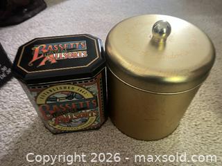 MaxSold Auction: Lot of 2 Decorative Metal Storage Tins — Bassett's & Gold - Sarnia (Ontario, Canada) PARTNER MANAGED Downsizing Online Auction -  Palmerston Street