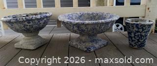 MaxSold Auction: 2 Blue & White Pedestal Bowl/Planter/Urn & Small Planter - Includes Beach Rocks  - Oxnard (California, USA) PARTNER MANAGED Estate Sale Online Auction - West Fifth Street