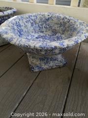 MaxSold Auction: 2 Blue & White Pedestal Bowl/Planter/Urn & Small Planter - Includes Beach Rocks  - Oxnard (California, USA) PARTNER MANAGED Estate Sale Online Auction - West Fifth Street