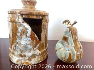 MaxSold Auction: Handcrafted Onyx Pear Sculpture and Lidded Jar - Oxnard (California, USA) PARTNER MANAGED Estate Sale Online Auction - West Fifth Street