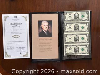 MaxSold Auction: Genuine Bankers Vault Portfolio Set Banknotes: Uncut Sheet of Four United States $2 bills - Oakville (Ontario, Canada) PARTNER MANAGED Estate Sale Online Auction - Lakeshore Road West