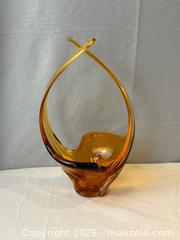 MaxSold Auction:  Mid Century Modern Hand Blown Glass Sculpture Centrepiece Basket in Amber- Colour   - Oakville (Ontario, Canada) PARTNER MANAGED Estate Sale Online Auction - Lakeshore Road West