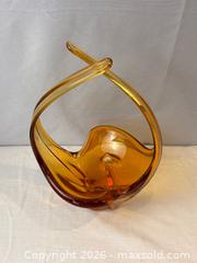 MaxSold Auction:  Mid Century Modern Hand Blown Glass Sculpture Centrepiece Basket in Amber- Colour   - Oakville (Ontario, Canada) PARTNER MANAGED Estate Sale Online Auction - Lakeshore Road West