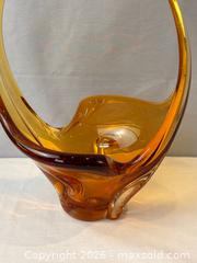 MaxSold Auction:  Mid Century Modern Hand Blown Glass Sculpture Centrepiece Basket in Amber- Colour   - Oakville (Ontario, Canada) PARTNER MANAGED Estate Sale Online Auction - Lakeshore Road West